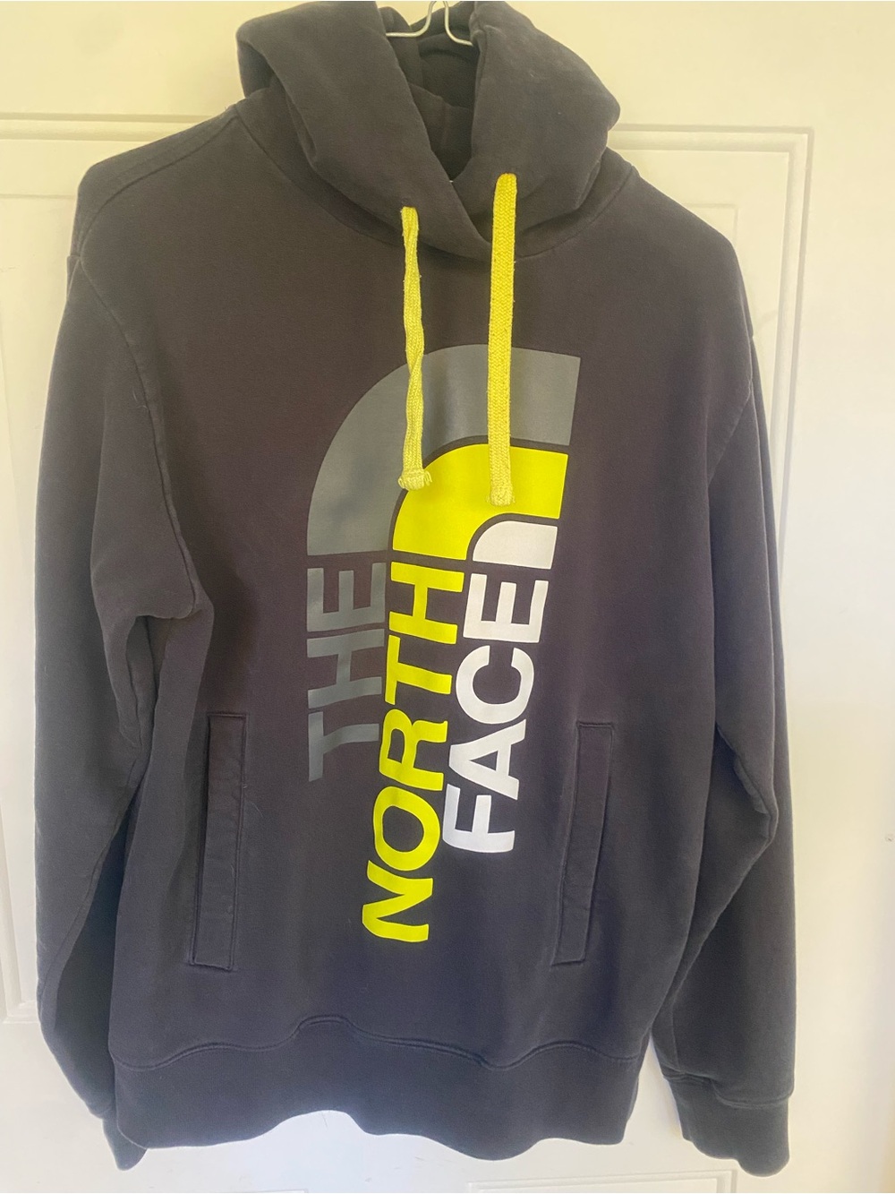 The North Face Men's Black Crewneck Hoodie with Yellow Accents